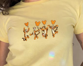 Embroidered Winnie the Pooh Friends Baby Tee, Tigger Mickey Balloon Disney Park Outfit for Women