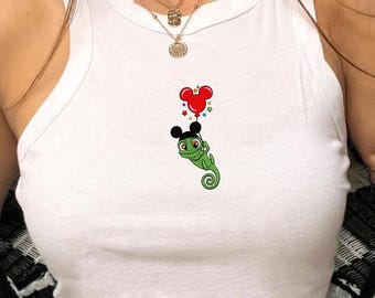 Embroidered Pascal Tangled Tank Top, Disney Princess Ribbed Crop Top, Cute Rapunzel Vacation Outfit