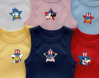 Camiseta sin mangas acanalada bordada con personajes de Disney del 250 aniversario de EE. UU., camiseta de Mickey, Minnie, Daisy, Donald y Goofy, atuendo patriótico para el Día de la Independencia.