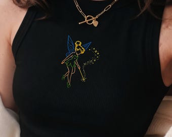 Camiseta sin mangas bordada de Campanilla de Disney, top corto sin mangas de hadas del País de Nunca Jamás, linda camiseta de verano para bebé de Disney inspirada en Peter Pan
