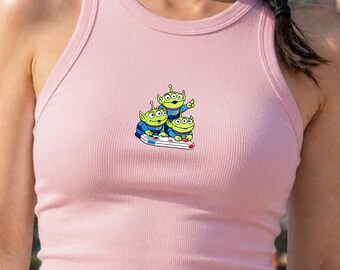 Embroidered Toy Story Alien Tank Top, Pizza Planet Little Green Men Ribbed Crop Tank, Cute Disney Inspired Y2K Baby Tee for Women