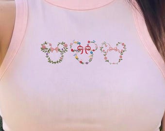 Embroidered Minnie Mouse Floral Tank Top Magic Kingdom, Disney Family Trip Outfit for Women, Cute WDW Summer Shirt