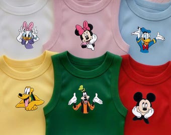 Disney Characters Embroidered Ribbed Tank Top, Mickey Minnie Daisy Donald Goofy Shirt, Minimal Chest Design, Cute Aesthetic Summer Outfit