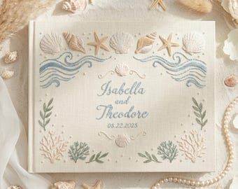 Personalized Embroidered Beach Wedding Guestbook, Linen Sea Theme Guest Book Album, Polaroid Photo Keepsake Gift