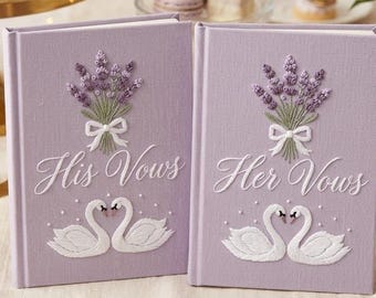 Embroidered Floral Wedding Vow Books Lavender Theme, Bride Groom Ceremony Gift, Custom His and Her Journals