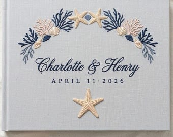Embroidered Beach Wedding Guest Book Linen Sea Theme, Wedding Gift for Couples, Polaroid Photo Keepsake Album