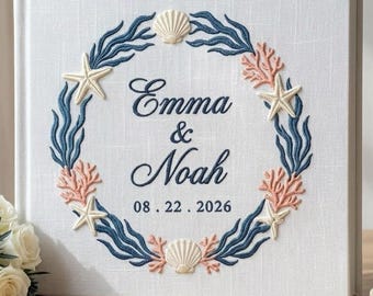 Embroidered Coastal Wedding Guest Book Linen Sea Theme, Wedding Gift for Bride and Groom, Polaroid Keepsake Album