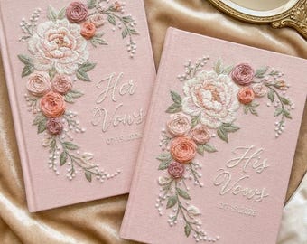 Personalized Floral Wedding Vow Book, Hand Embroidered Linen Notebook, Custom Bride Groom Wedding Keepsake Gift