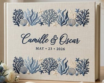 Embroidered Beach Theme Wedding Guest Book, Bride Groom Wedding Gift, Linen Polaroid Keepsake Memory Album