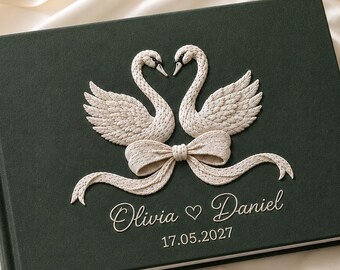 Libro de firmas para bodas de lino con bordado a mano de cisne personalizado, álbum de recuerdos personalizado, libro de recuerdos para los novios, regalo para la despedida de soltera.