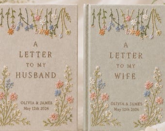 Hand Embroidered Linen Wedding Guest Book, Personalized Memory Album, Custom Wedding Vow Book, Bridal Shower Gift, Couple Keepsake