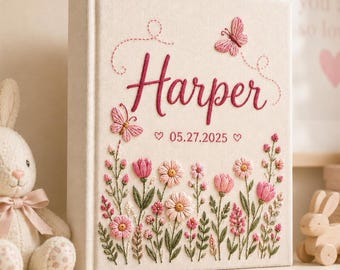 Hand Embroidered Baby Memory Book, Floral Animal Photo Album, Personalized Baby Keepsake, Custom Name Shower Gift
