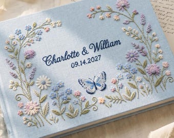 Libro de firmas de boda de lino bordado a mano y personalizado, libro de firmas floral hecho a mano, álbum de recuerdos de boda con nombre personalizado, regalo para despedida de soltera