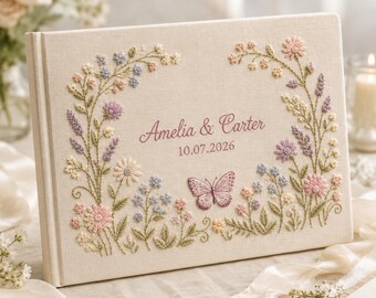 Libro de firmas para bodas bordado a mano, álbum de lino personalizado con nombre, álbum de recortes floral para bodas, recuerdo de boda bohemio, regalo de compromiso