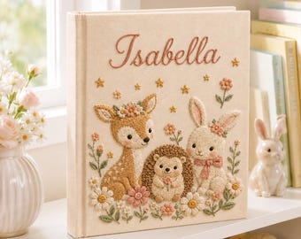 Hand Embroidered Safari Baby Memory Book, Personalized Animal Photo Album, Custom Baby Keepsake, Newborn Shower Gift