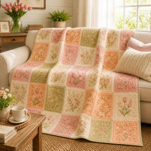Pink Floral Patchwork Quilt Blanket, Vintage Cottagecore Bedspread, Cozy Spring Garden Throw, Farmhouse Floral Bedroom Decor