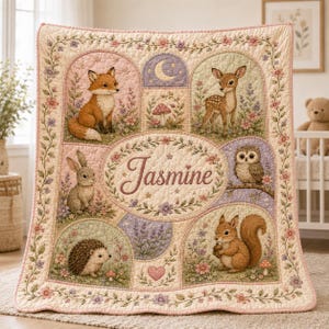 May include: A quilted blanket featuring a central oval with the name Jasmine, surrounded by illustrations of a fox, deer, owl, squirrel, rabbit, and hedgehog. The design includes floral borders, a crescent moon, and mushrooms in soft pastel tones.