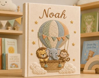 Hand Embroidered Personalized Baby Album, Safari Animal Memory Book, Custom Name Photo Keepsake, Baby Shower Gift