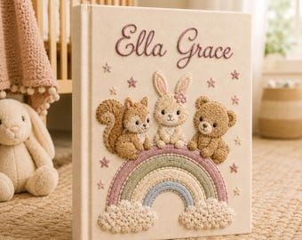 Hand Embroidered Baby Photo Album, Personalized Safari Animal Memory Book, Custom Name Baby Shower Keepsake Gift