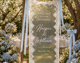 Custom Sheer Lace Wedding Welcome Sign, Modern Ceremony Sign, Lace Wedding Banner, Personalized Welcome Sign, Wedding Reception Decor