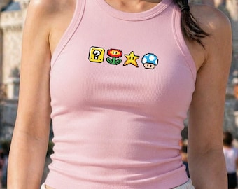 Embroidered Super Mario Icons Crop Tank Top, Star Mushroom Question Block Gamer Shirt, Cute Nintendo Gift for Her