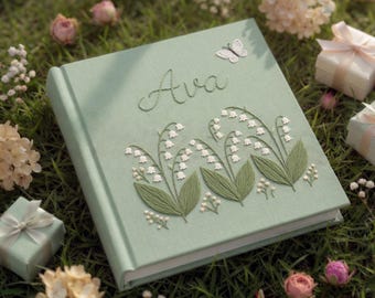 Embroidered Birth Flower Baby Photo Album, Personalized Linen Newborn Memory Scrapbook, Baby Shower Gift for New Mom