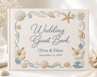 Personalized Hand-Embroidered Beach Wedding Guest Book, Custom Wedding Photo Album, Coastal Guestbook, Family Memory Anniversary Keepsake