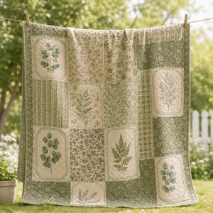 May include: A patchwork quilt featuring a variety of sage green and cream fabric squares. The design includes botanical prints of ferns and eucalyptus leaves, alongside small floral patterns and striped textures, all stitched together in a grid.