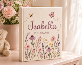 Hand Embroidered Floral Animal Baby Photo Album, Personalized Baby Memory Book, Custom Name Keepsake, Baby Shower Gift