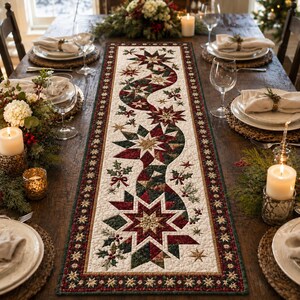 May include: A rectangular quilted table runner featuring a central winding pattern of dark red and forest green star motifs on a cream background, accented with holly leaf and berry details, bordered by a repeating star and vine pattern.