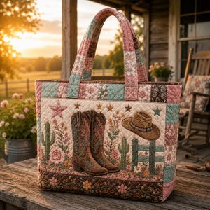 May include: A quilted tote bag featuring a patchwork design in shades of pink, teal, and brown. The front panel displays embroidered imagery of two brown cowboy boots, a brown cowboy hat, green cacti, flowers, and stars against a cream background.