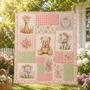 May include: A patchwork quilt featuring a central teddy bear, a giraffe, and two elephants. The design includes floral patterns, pink gingham, and polka dots in soft pastel shades of pink, green, and blue, finished with a floral border.