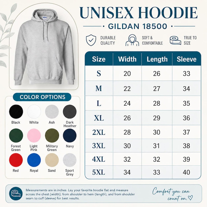 May include: A light grey unisex hoodie with a front pocket and drawstring hood. The image includes a size chart with measurements in inches and color options such as black, white, and navy. The text reads "UNISEX HOODIE".