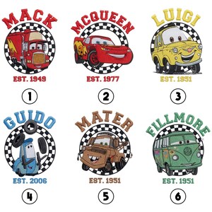 May include: Embroidered patches featuring characters from the animated movie "Cars." The patches include Mack, McQueen, Luigi, Guido, Mater, and Fillmore, each set within a checkered circle. Each patch has the character's name and the year of establishment.