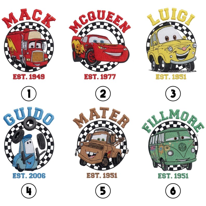 May include: Embroidered patches featuring characters from the animated movie "Cars." The patches include Mack, McQueen, Luigi, Guido, Mater, and Fillmore, each set within a checkered circle. Each patch has the character's name and the year of establishment.