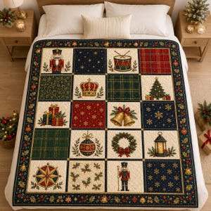 May include: A quilted throw blanket featuring a grid of Christmas-themed squares including nutcrackers, a drum, a crown, a tree, gifts, bells, a wreath, a lantern, a star, and holly, all bordered by a pattern of bells and greenery.