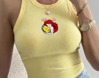 Embroidered Little Mermaid Tank Top Disney Style, Disney Park Outfit for Women, Cute Summer Vacation Shirt