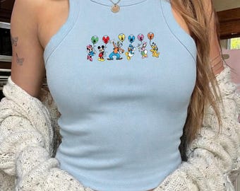 Embroidered Disney Characters Tank Top Mickey Minnie Friends, Disney Vacation Outfit for Women, Cute Cartoon Summer Shirt