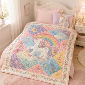 May include: A quilted bedspread featuring a central white unicorn with a golden horn, a colorful rainbow, and pastel-colored geometric panels decorated with stars, moons, clouds, and floral patterns. The border is cream with pink flowers.