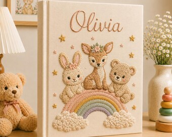 Hand Embroidered Animal Safari Baby Photo Album, Personalized Baby Memory Book, Custom Name Keepsake, Baby Shower Gift