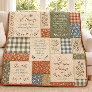 Christian Quilt Blanket, Bible Verse Scripture Throw, Floral Patchwork Home Decor, Faith Jesus Gifts