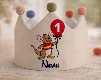 Personalized Disney Mouse Theme Birthday Crown, Embroidered Linen First Birthday Crown, Cake Smash Photo Prop for Baby