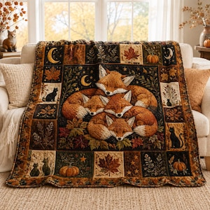 May include: A rectangular quilt featuring a central illustration of three sleeping foxes surrounded by autumn leaves. The border consists of square panels displaying black cats, pumpkins, crescent moons, and foliage in shades of orange and brown.