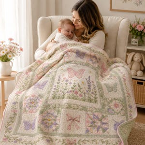 Butterfly Floral Quilt Blanket, Pastel Cottagecore Bedspread, Girls Butterfly Garden Throw Blanket, Cozy Nursery Room Decor Gift