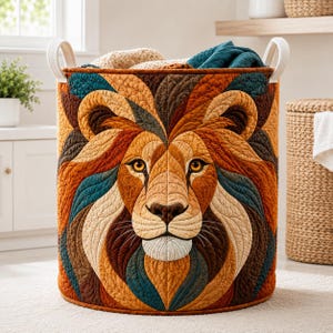 May include: A cylindrical fabric storage basket featuring a quilted lion face design in shades of orange, brown, teal, and cream. The basket has two white side handles and contains folded fabric items, showcasing detailed stitching throughout the exterior.
