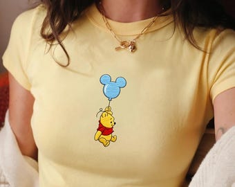 Embroidered Winnie The Pooh Balloon Baby Tee Disney Theme, Cute Vacation Outfit for Women, Vintage Cartoon Shirt