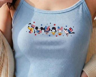 Embroidered USA 250th Disney Tank, Mickey Minnie Friends Patriotic Independence Day 2026 Crop Tank Top, 4th of July Baby Tee