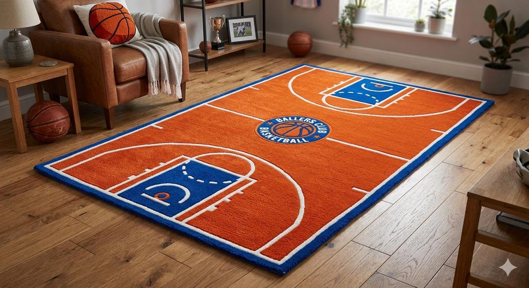 Hand-tufted Basketball Court Area Rug, Modern Orange Blue Sports Carpet ...