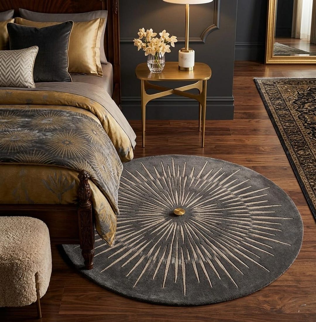 Starburst Rug Gold Hand-tufted Wool Round Starburst Rug, Modern Abstract Living Room ...