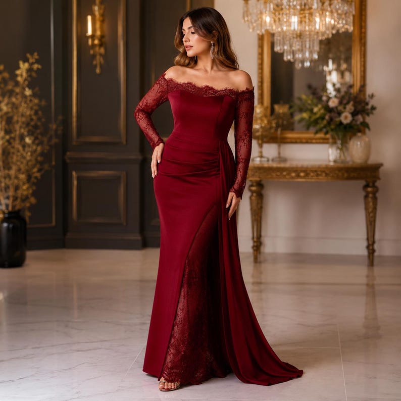 Burgundy Off Shoulder Lace Evening Gown, Long Sleeve Formal Maxi Dress image 1